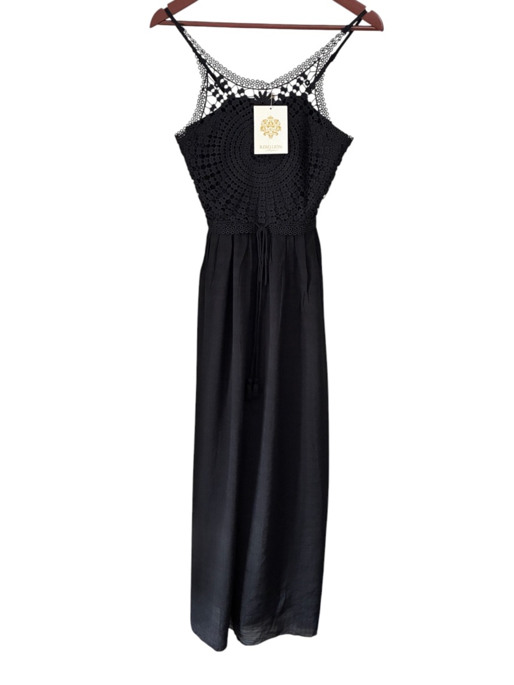 Rebellion NWT Women's Black Crochet Lace Maxi Dress Size Small NEW